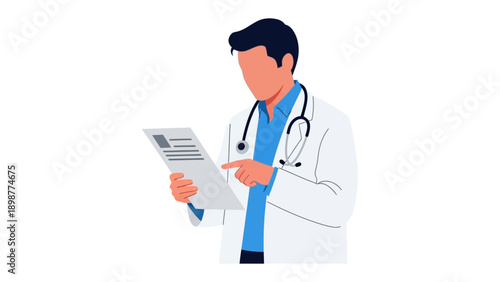 Doctor at Work: A healthcare professional, dressed in a crisp lab coat, delves into a medical document with focused attention, with the medical stethoscope.