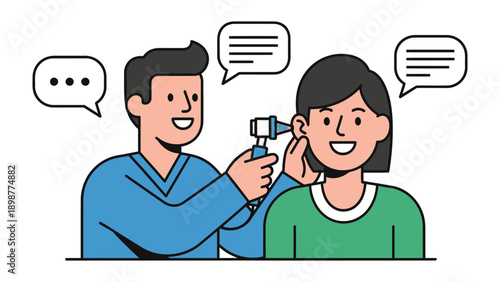 Hearing Consultation: A healthcare professional examines a patient's ear with an otoscope. The image showcases the importance of communication in medical consultation.