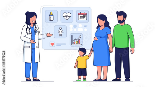 Prenatal Care Consultation: A healthcare professional consults with a family about prenatal care, illustrating a harmonious partnership in ensuring a healthy pregnancy and future well-being.