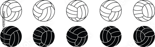 Black and white volleyball in different styles line solid fill sports equipment