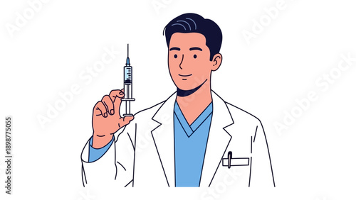 Healthcare professional holding Syringe: A doctor holds a syringe, embodying health and medical care, in a clean, modern setting.