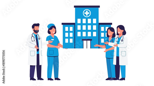 Healthcare Team United: A depiction of doctors and nurses joining hands, with a modern hospital forming a backdrop. This visual represents a strong healthcare system, teamwork.