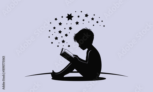 Black silhouette of a child sitting cross-legged reading a book with stars floating above