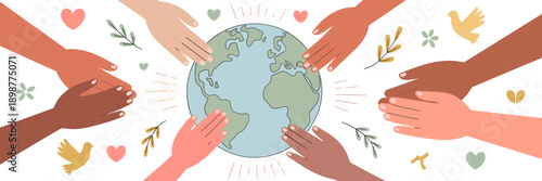 Hands around the globe illustration – Perfect for social connection.