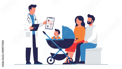 Healthcare Consultation: A medical professional engages in a consultation with a family, examining the child's records near a stroller. This image represents care.