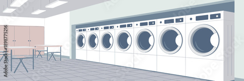 Pristine white washing machines row – Ideal for appliance manuals, cleaning tutorials, or laundry service websites.