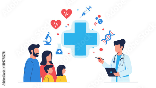 Medical Consultation for Family: A dedicated doctor engages in a vital medical consultation with a family, offering guidance and support in a healthcare environment. The scene symbolizes health, care.