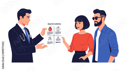 Doctor and Couple Healthy Lifestyle: A doctor gestures towards a healthy lifestyle chart, explaining the principles of well-being to a stylish couple, emphasizing the significance of holistic health.