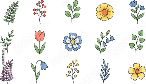 Botanical elements, floral icons, colorful leaves, vector illustration, flower design, nature theme, decorative plants, garden art, stem, berry cluster