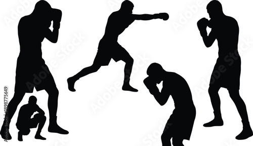 Boxing silhouettes, fighter stance, punching motion, defensive pose, athletic training, combat sport, fitness lifestyle, martial art, strength concept, dynamic figure