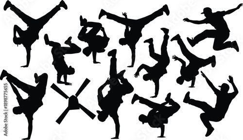 Breakdance silhouettes, street dance poses, hip hop culture, urban dancers, freestyle moves, acrobatic stunts, energetic performance, artistic expression, dynamic choreography, athletic skill