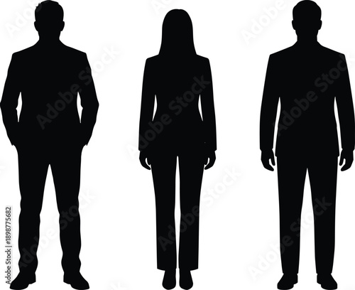 Business attire silhouette, professional posture, workplace diversity, corporate team, gender representation, vector design, formal clothing, human stance, office concept, career theme