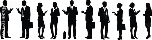 Business professionals silhouettes, standing, talking, discussing, formal attire, briefcase, teamwork, corporate communication, networking, leadership, office posture, collaboration