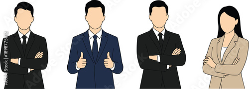 Business professionals illustration, corporate attire, formal suits, confident posture, teamwork concept, office workers, workplace diversity, career lifestyle, collaboration, professional environment