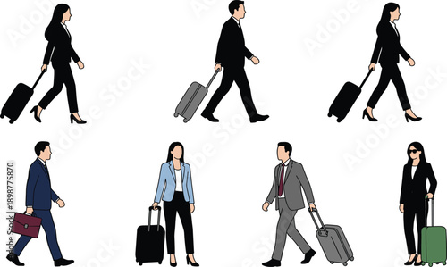 Business travelers illustration, corporate attire, formal suits, professionals with luggage, office workers, teamwork concept, workplace diversity, career lifestyle, travel, success, routine, mobility