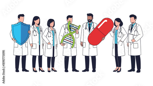 Healthcare Innovators: A team of dedicated medical professionals stand united, showcasing symbols of health, including a shield, DNA strand, and a medicinal capsule.