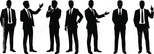 Businessmen silhouettes in suits, pointing, talking, standing, gesturing, corporate posture, professional pose, teamwork, leadership, communication, office concept