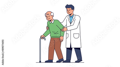 Supportive Steps: A doctor assists a senior citizen with a walking stick, a picture of medical care and compassion.