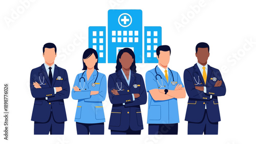 Healthcare Professionals with Hospital: A determined assembly of medical professionals, poised and confident, stand before the symbol of a modern healthcare facility.
