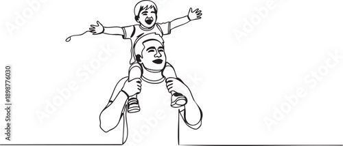 Man carrying a child on his shoulders with outstretched arms in a joyful moment, illustrating a happy family scene.