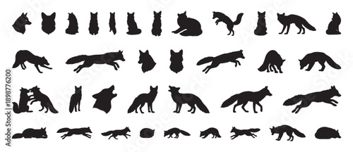 black fox silhouettes in varied poses showing running, sitting, leaping, stalking shapes for logo and branding use, highcontrast ready art on white, ideal for mockup, sticker, icon work