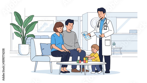 Family Medical Consultation: A friendly physician discusses the health of a family. the doctor consults with parents while a young child plays nearby, conveying trust, empathy, and professional care.