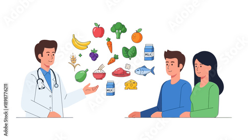 Nutrition Consultation: A doctor explains healthy food options to a couple, showing different food to improve diet and well-being.
