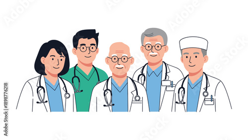 Healthcare Professionals' United Front: A united and diverse group of dedicated healthcare professionals, each embodying expertise and compassion, stands together to signify unity in service to care.