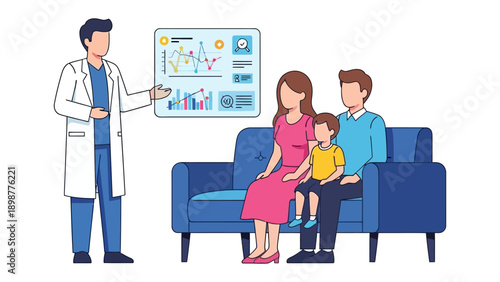 Medical Consultation: A doctor is giving an explanation to the patient. They are on the sofa, with screen in the background.