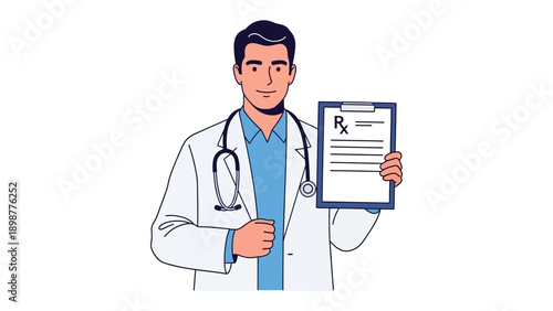 Medical Professional's Prescription: A medical professional, wearing a pristine white coat and a stethoscope, confidently presents a prescription, representing health and expertise.