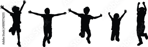 Black silhouettes of children jumping with arms raised kids