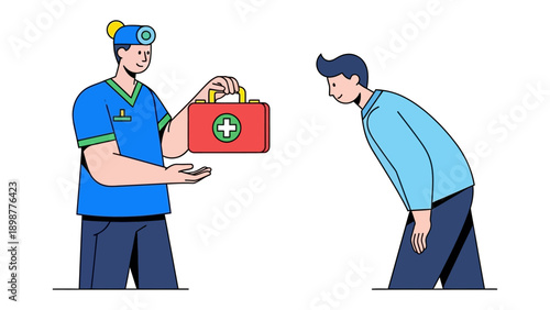 First Aid: An animated doctor, holding a red first-aid kit, assists a patient who is in pain, illustrating care and medical assistance. 