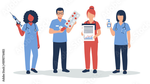 Medical Professionals at Work: A group of dedicated healthcare professionals, representing diversity in their field, stand ready, holding essential medical supplies and documents.