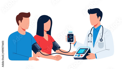 Health Check: A medical professional conducts a blood pressure examination for a couple in a sterile clinical environment. This illustrates a critical element of health and preventive care.