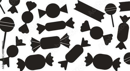 Black silhouettes of various candies on white background candy sweets