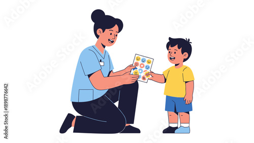 Kindred Connection: A nurturing scene unfolds as a dedicated caregiver presents a child with a vibrant activity. Focused on learning and engagement, this image portrays a moment of warmth, education.