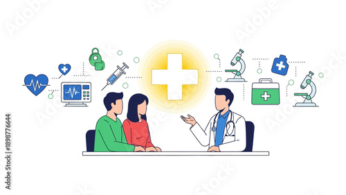 Medical Consultation: A doctor is advising a couple with various medical symbols surrounding them, with a focus on care and patient well-being, suggesting a scene of health advice and support.