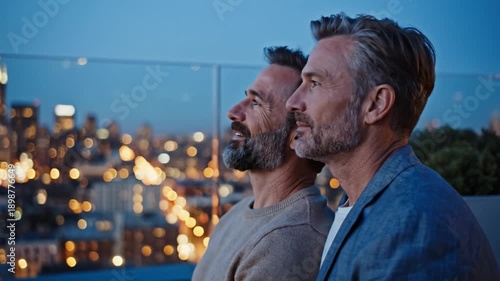 Two mature men stand on a rooftop overlooking a night city. They share a romantic moment with a blurred skyline background. Ideal for lifestyle, travel, and diversity advertising.
