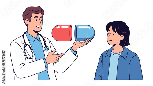 Medical Consultation: A healthcare professional presents a segmented pill to a patient, symbolizing a tailored approach to treatment and healthcare solutions.