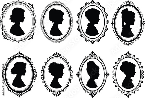 Black silhouettes of women in ornate oval frames white