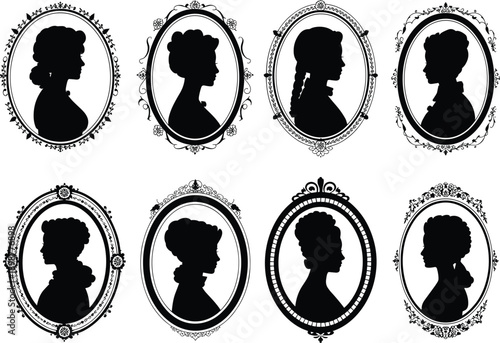 Eight black silhouette profiles of women in ornate oval frames silhouettes