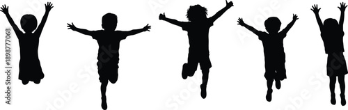 Five black silhouettes of children jumping with arms raised