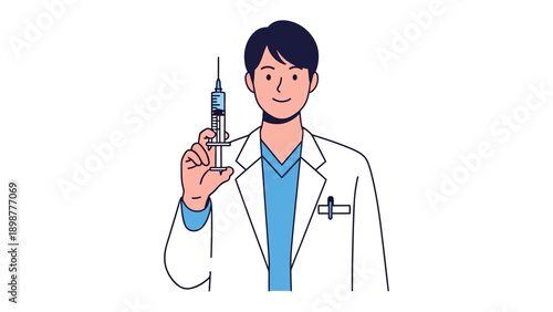 Doctor holding Syringe: A doctor holds a syringe, ready to administer a vaccination. The image conveys health and medicine, and protection from illness
