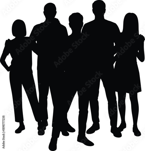 Five people standing in black silhouette against white background silhouettes