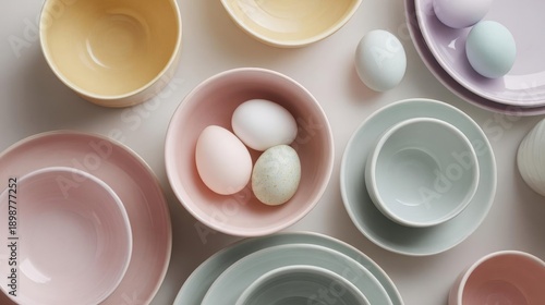 Collection of colorful ceramic bowls and plates arranged on a white surface. there are six bowls in total, three of which are pink, one is yellow, and one is light blue.