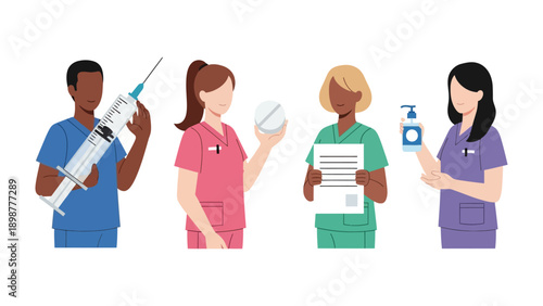 Healthcare Providers: A representation of dedicated healthcare providers, each holding tools of their trade: a syringe, a pill, a stack of records, and hand sanitizer.
