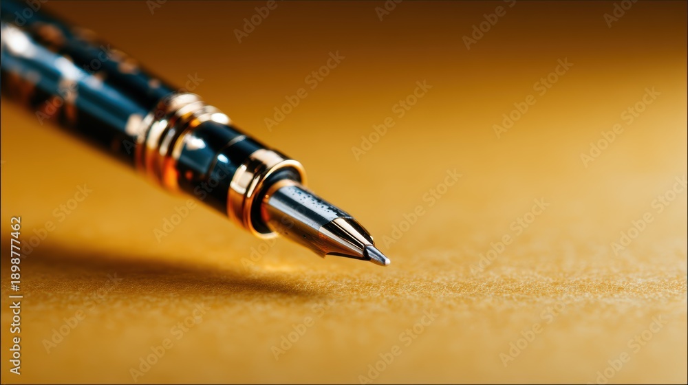 Fototapeta premium A stunning close-up of an elegant fountain pen, showcasing the delicate details of its nib, ideal for capturing the essence of writing and creativity.