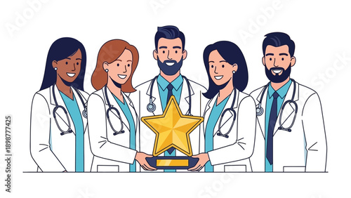 Healthcare Heroes: A compassionate group of medical professionals proudly displays a golden star, a symbol of their dedication and commitment to providing exceptional care.