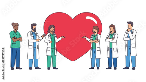 Healthcare Team with Heart: A group of dedicated healthcare professionals unites to symbolize care and compassion, with a giant heart representing health and wellness.