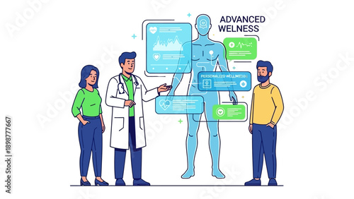 Health Consultation: A medical professional consults with two patients, with virtual screen showing health condition, at a modern wellness center, the scene is bright and professional.